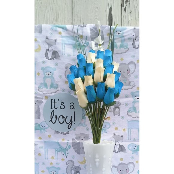 2 Dozen It's A Boy Light Blue and White The Original Wooden Rose Flower Bouquet - Picture 2 of 9